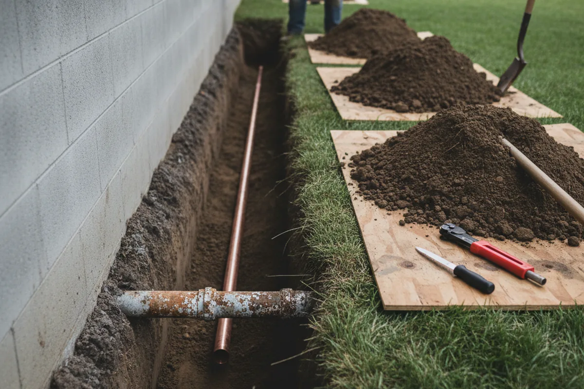 Excavated water line trench during Sewer Line Repair in Remington